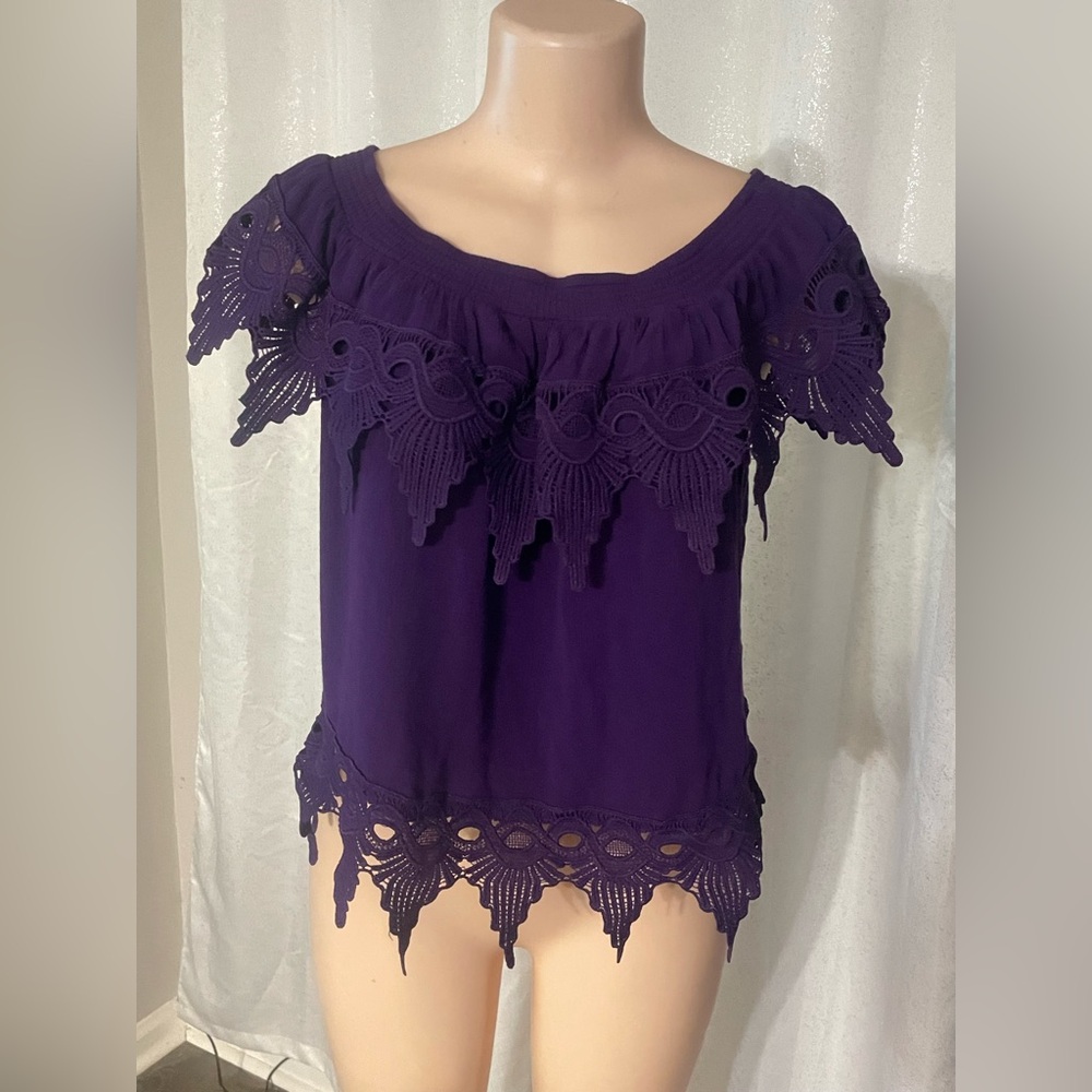 Love university Elegant Royal Purple Lace crochet Trim Women's blouse top 2XL